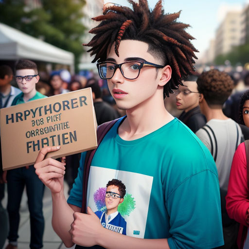 a man with dreadlocks holding a sign in a crowd of people on a street corner with a sign that says, hippyhoer
