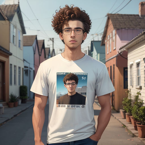 a man with glasses standing on a street corner wearing a t - shirt with a picture of a young man