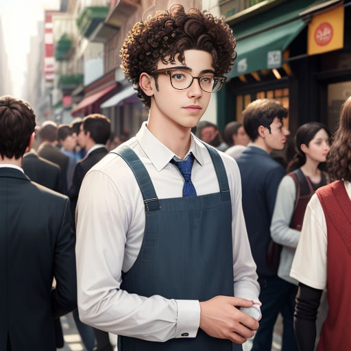 a man with glasses and a tie standing in front of a crowd of people in a city street with buildings