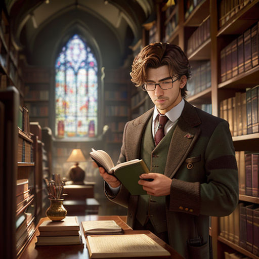 a man in a library reading a book and looking at it with a lot of books on the shelves