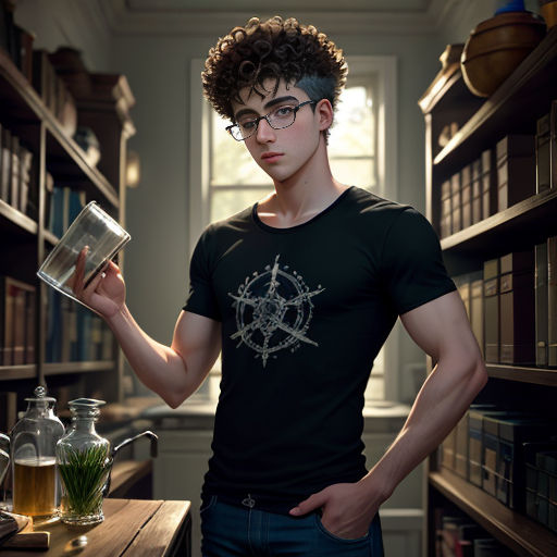 a man standing in a library holding a glass of tea and a teapot in his hand and a tea pot in his other hand