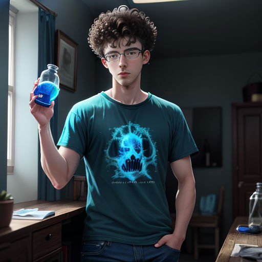 a young man holding a bottle of liquid in his hand and a clock in the background with a blue light on it