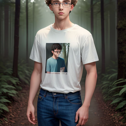 a man wearing glasses standing in a forest with a picture of him on his shirt on his chest and a forest background