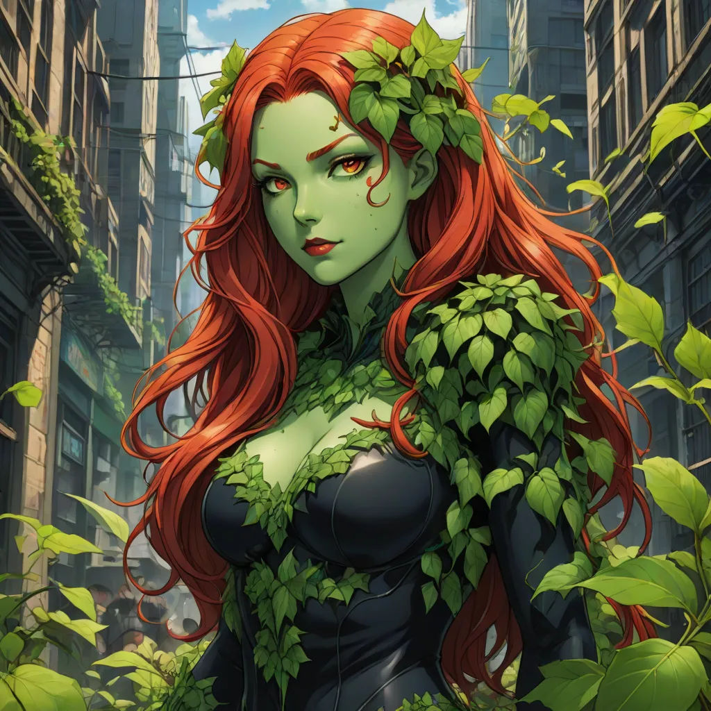 a woman with red hair and green leaves on her head and a green dress on her body, standing in a city street, a character portrait, Artgerm, fantasy art, vines