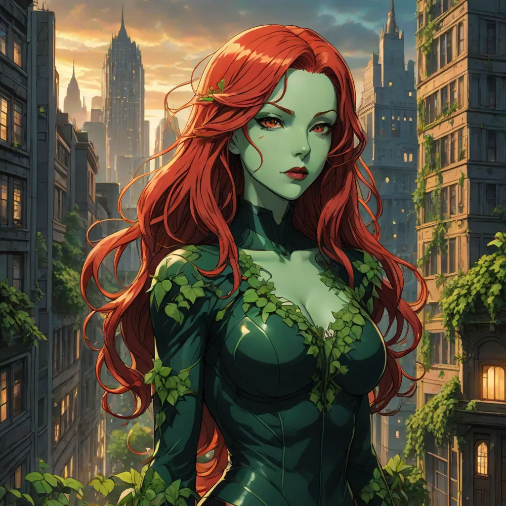 a woman with red hair and green eyes in a city setting with a cityscape in the background, a comic book panel, Artgerm, fantasy art, stanley artgerm lau