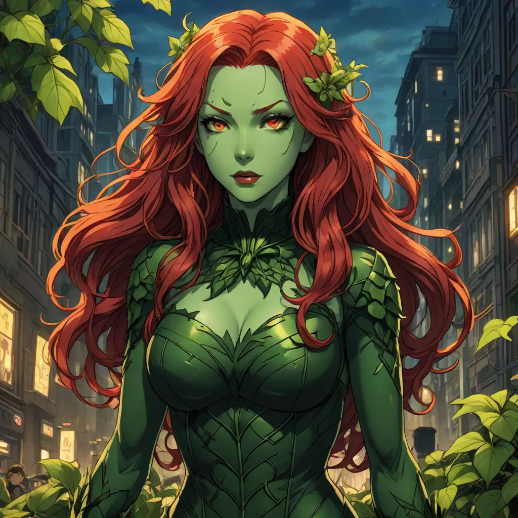 a woman with red hair and green makeup in a city street at night with leaves on her head and a green dress, a comic book panel, Artgerm, fantasy art, stanley artgerm lau