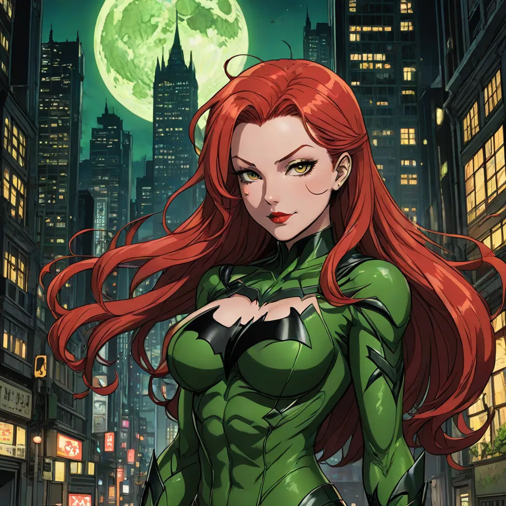 a woman in a green suit standing in front of a cityscape at night with a full moon, a comic book panel, Artgerm, gothic art, stanley artgerm lau