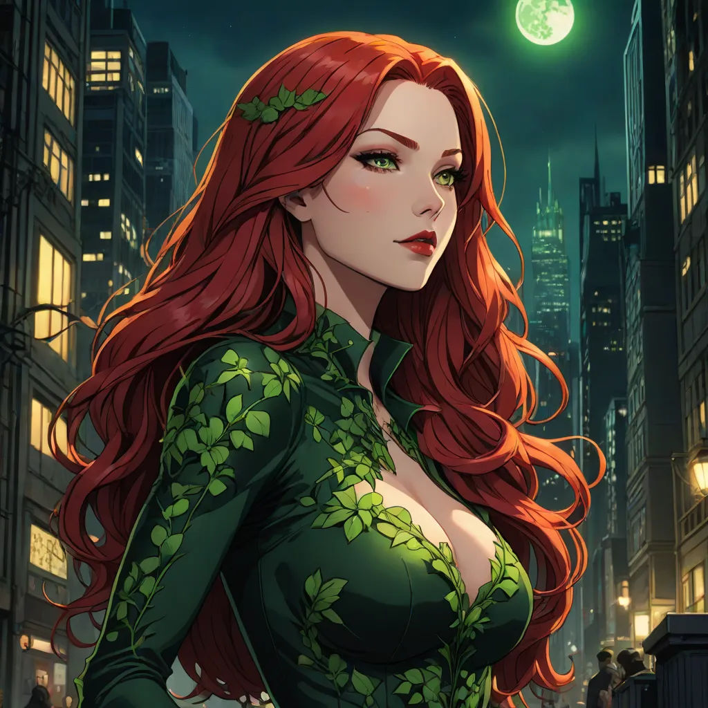 a woman with long red hair and green dress in a city at night with a full moon in the background, a comic book panel, Artgerm, fantasy art, stanley artgerm lau