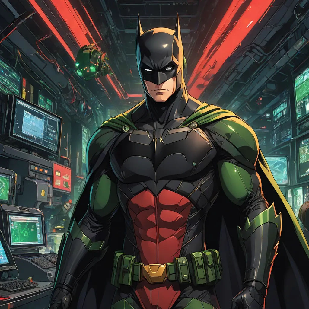 a batman standing in a room with many monitors and a computer screen in the background, with a red light behind him, a comic book panel, Artgerm, sots art, official art