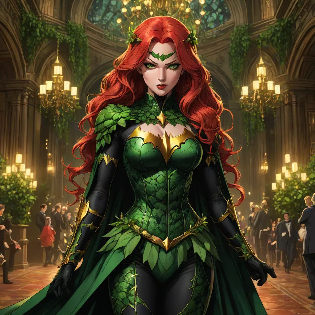 a woman dressed as a green and gold costume with a cape on her head and a green cape on her shoulders, a comic book panel, Artgerm, fantasy art, magic the gathering artwork