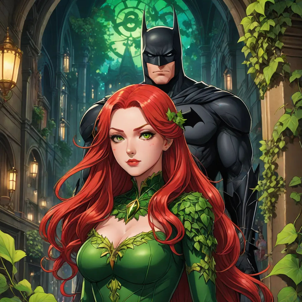 a woman in a green dress and a batman standing next to her in a doorway with ivy growing around her, a comic book panel, Artgerm, fantasy art, stanley artgerm lau
