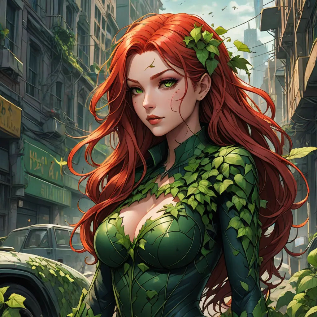 a woman with red hair and green leaves on her body in a city street with cars and buildings in the background, a comic book panel, Artgerm, fantasy art, stanley artgerm lau