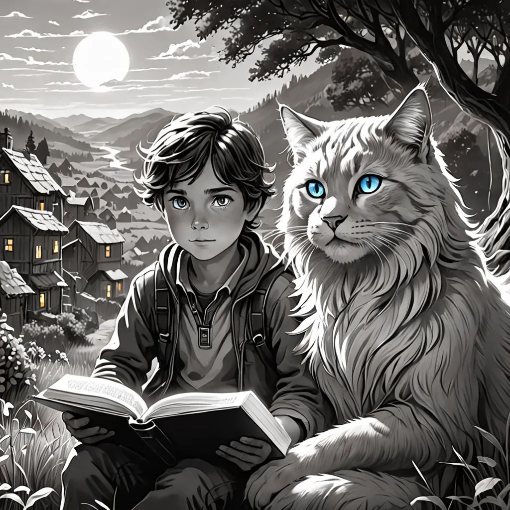 a boy sitting on a hill with a cat and a book in his lap looking at the camera with a full moon in the background, fantasy art, a storybook illustration, Diego Gisbert Llorens, storybook illustration