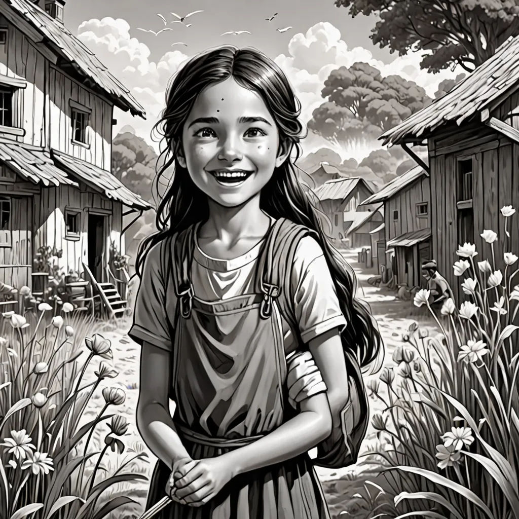 a girl standing in a field with a house in the background and a bird flying overhead in the sky, magical realism, a storybook illustration, Bob Byerley, storybook illustration