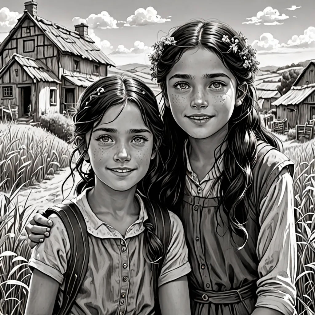 two girls are standing in a field with a house in the background and a sky with clouds above them, fantastic realism, a black and white photo, Colin Middleton, official art