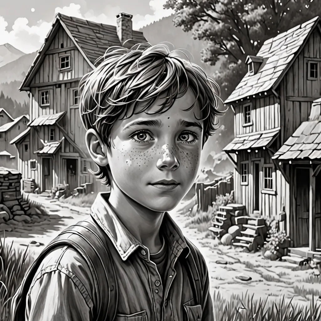 a boy standing in front of a village with a dog and a bird on it's shoulder and a house in the background, fantastic realism, a storybook illustration, Diego Gisbert Llorens, highly detailed digital painting