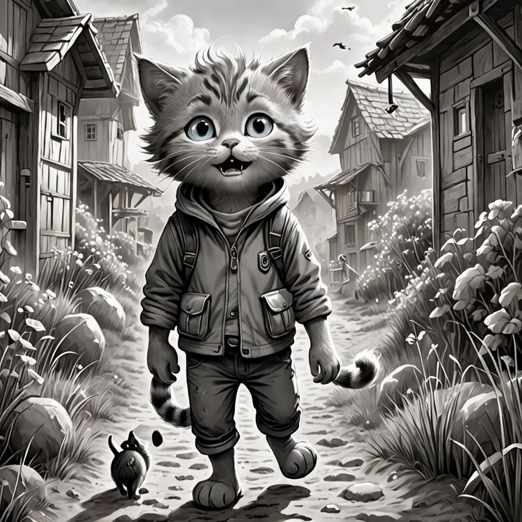 a cat is walking down a path in a village with a mouse nearby and a cat in the foreground, furry art, a storybook illustration, Chris Rallis, storybook illustration