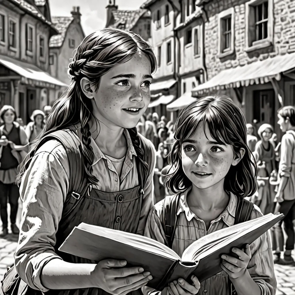 a black and white photo of two girls reading a book in a town square with people walking around them, magical realism, a detailed matte painting, Colin Middleton, promotional image