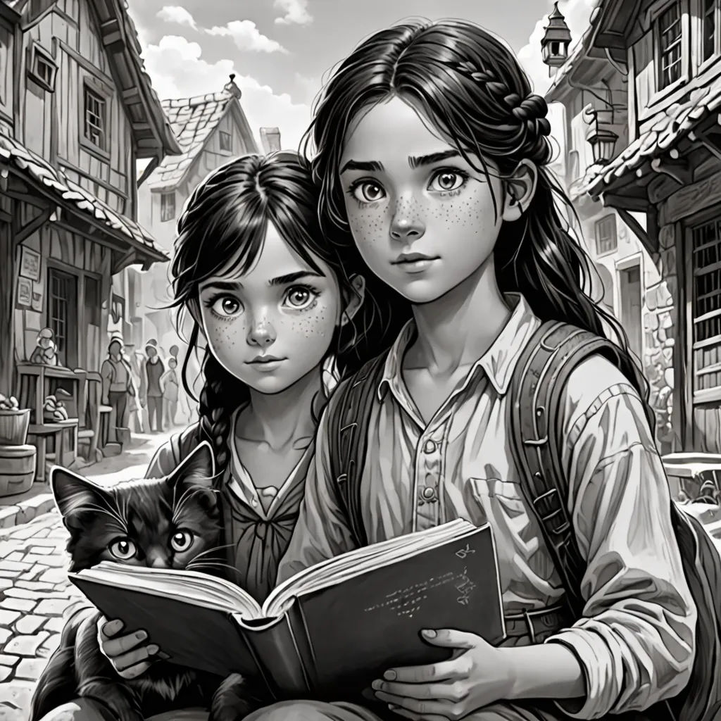 a girl and a boy are sitting on a cobblestone street reading a book together, with a cat in front of them, fantasy art, a storybook illustration, Cedric Peyravernay, stanley artgerm lau