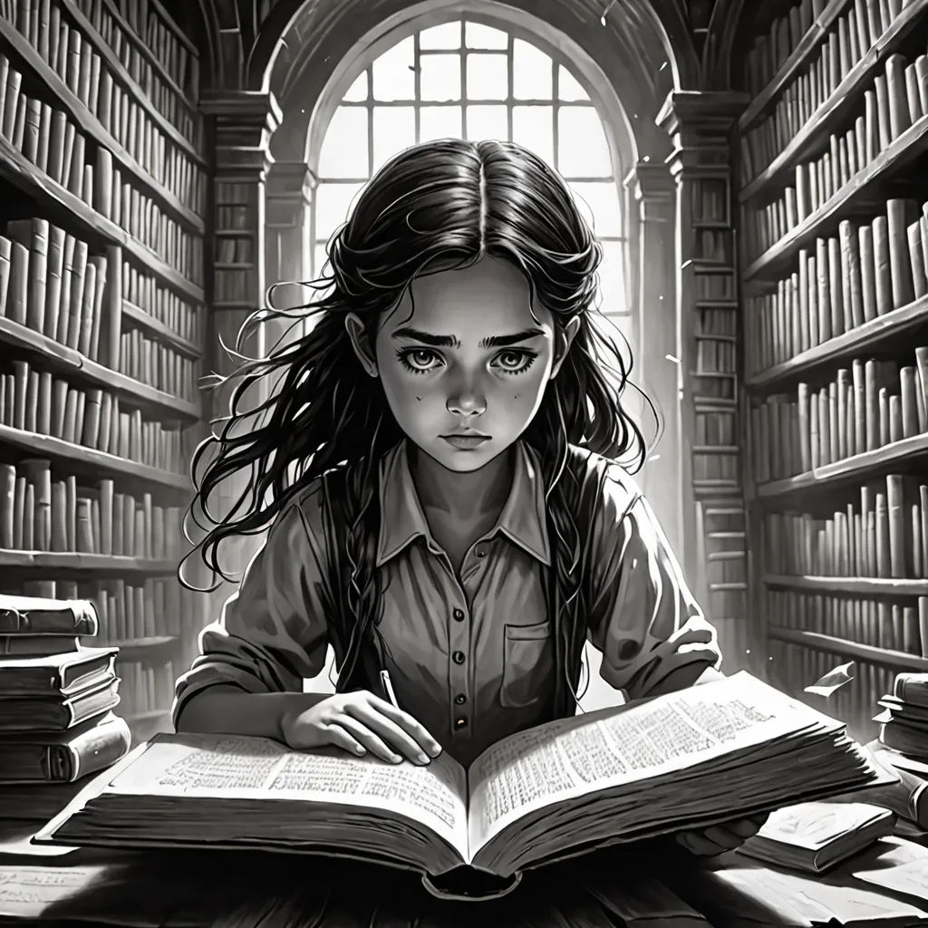 a girl sitting at a table with a book in front of her and a window in the background with books on the shelves, fantasy art, a storybook illustration, Charlie Bowater, stanley artgerm lau