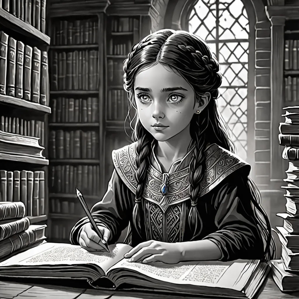a girl sitting at a table with a book and pen in her hand and a book in front of her, fantasy art, a storybook illustration, Charlie Bowater, stanley artgerm lau