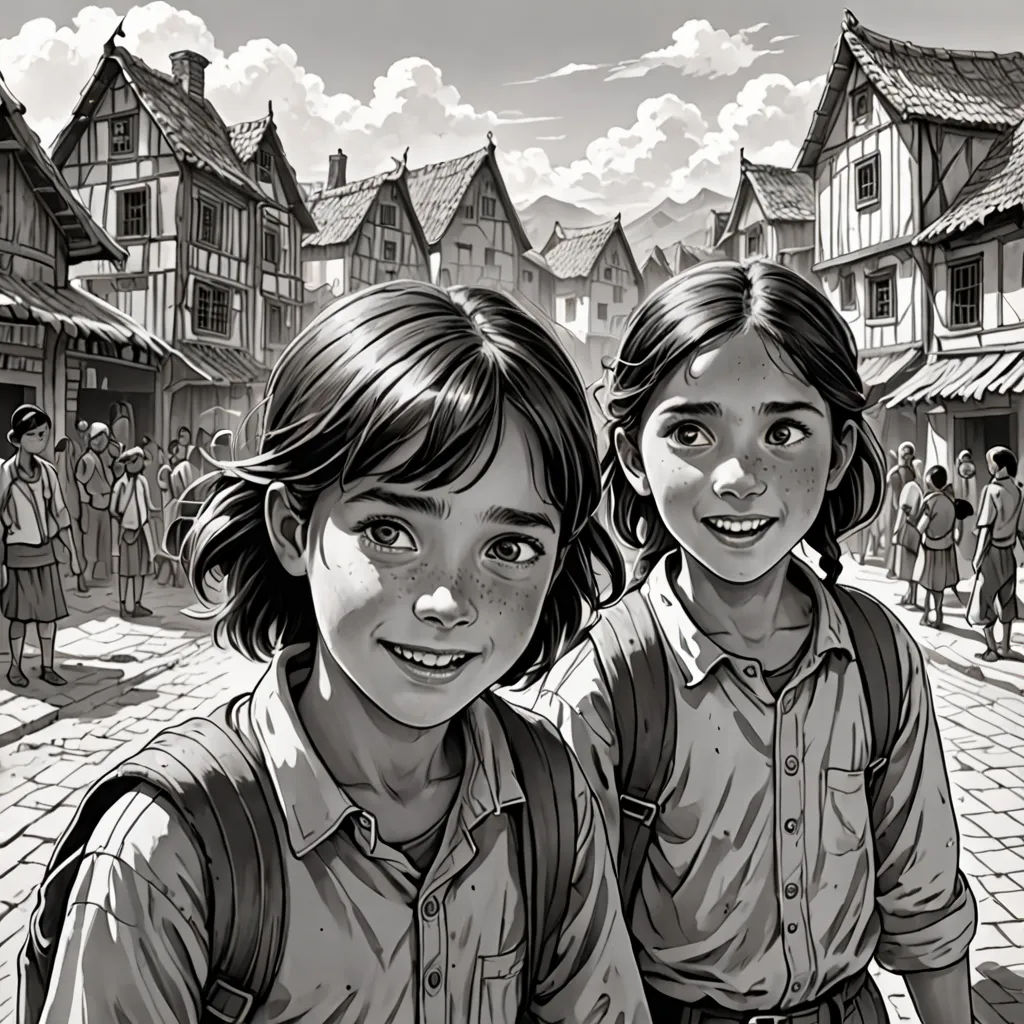 a couple of kids standing next to each other on a street near a crowd of people and buildings with a sky background, fantastic realism, a storybook illustration, Brothers Hildebrandt, official art