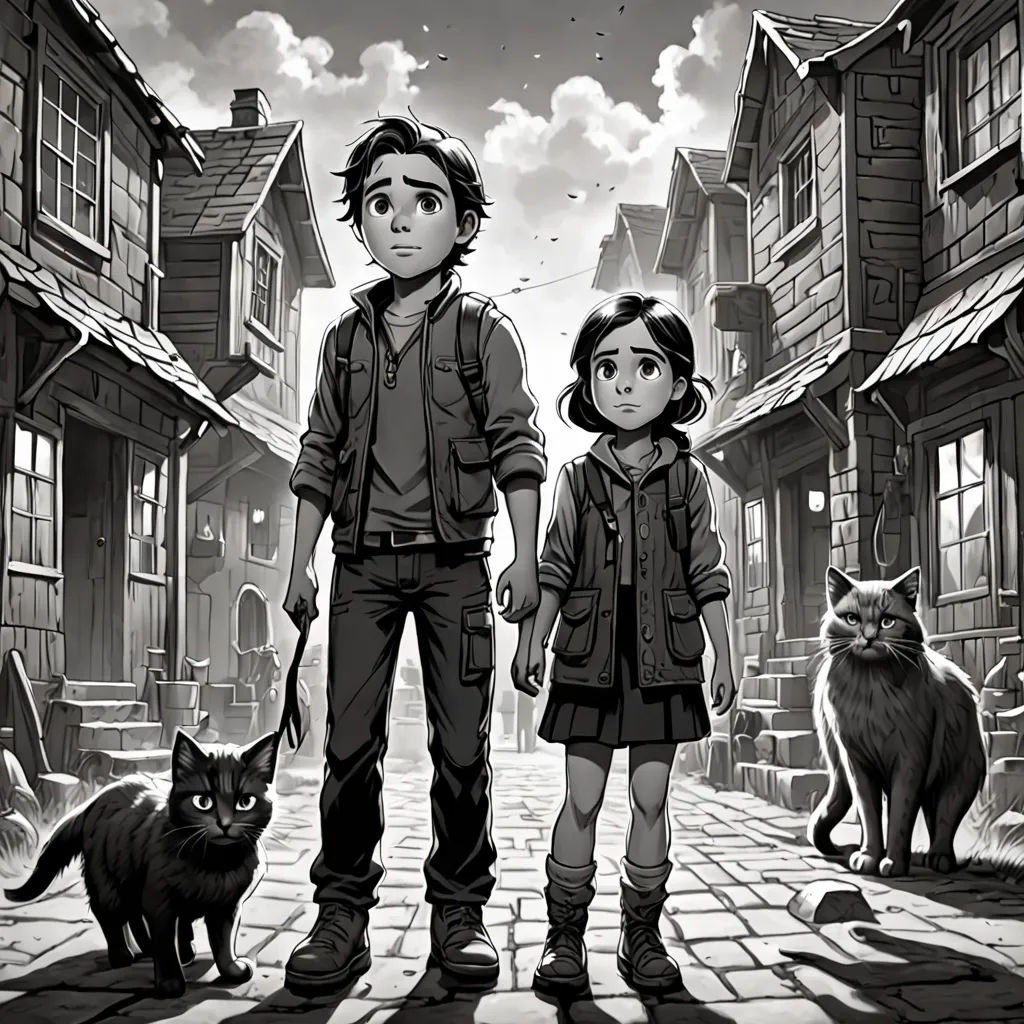 a boy and a girl standing in front of a cat and a cat on a leash in a street, serial art, a storybook illustration, Cedric Peyravernay, key art