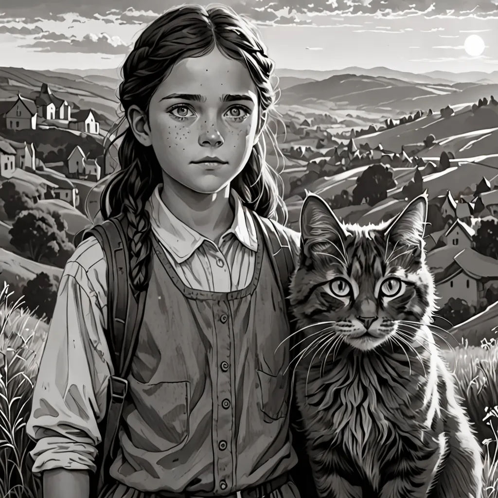 a girl with a cat in a field of grass with a full moon in the background and a hilly landscape, fantastic realism, an ultrafine detailed painting, Aaron Jasinski, promotional image