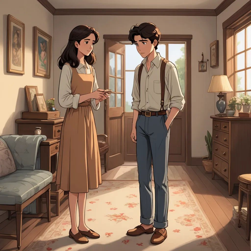 a man and a woman standing in a room with a couch and a table in front of them, looking at a phone, serial art, concept art, Brothers Hildebrandt, official art