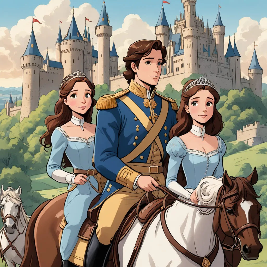 a man and woman riding on the back of a horse in front of a castle with a man in uniform, magical realism, a storybook illustration, disney, kinkade
