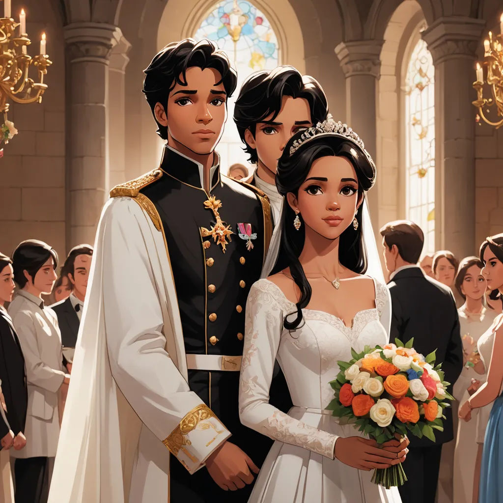 a cartoon of a couple in a wedding dress standing next to each other in front of a crowd of people, sots art, a storybook illustration, Brothers Hildebrandt, official art