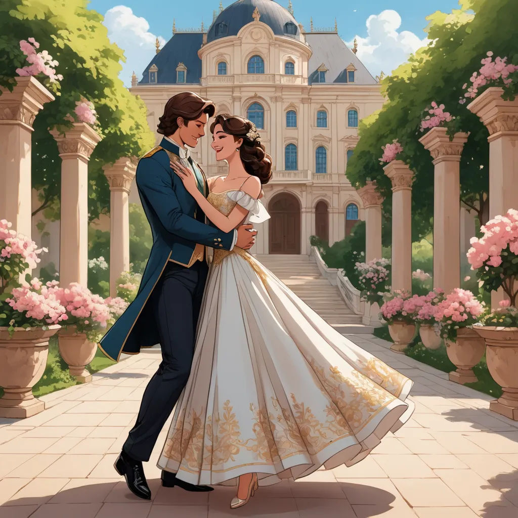 a man and woman dressed in formal wear standing in front of a palace with pink flowers and a large building, fantasy art, a storybook illustration, Charlie Bowater, rossdraws global illumination