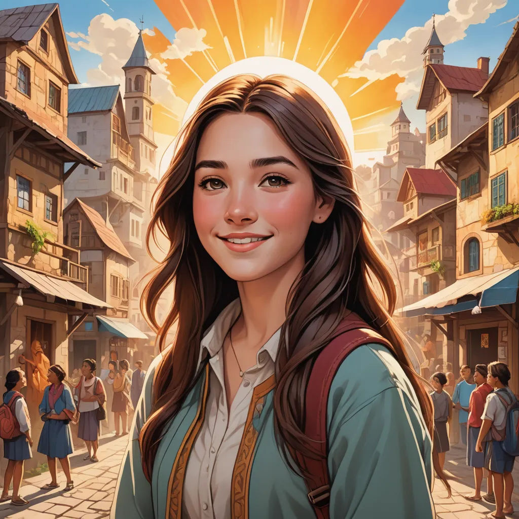 a girl with a backpack standing in front of a crowd of people in a city with buildings and a sun, fantasy art, a character portrait, Artgerm, rossdraws global illumination