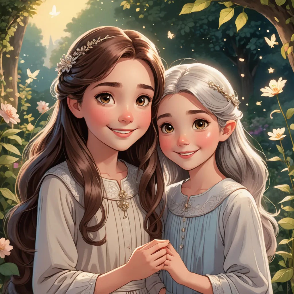 two girls are standing in a forest with flowers and trees behind them, one is holding the other's hand, fantasy art, a storybook illustration, Artgerm, trending on art station
