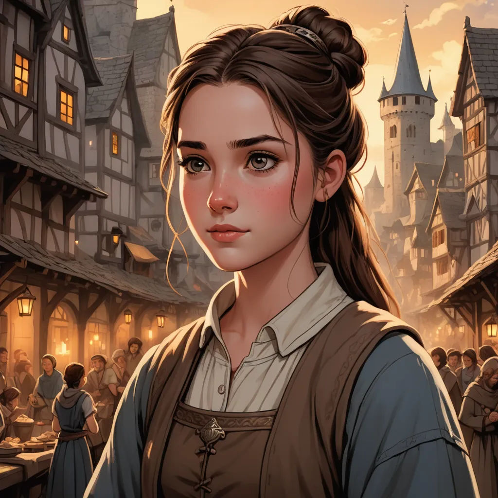 a girl in a dress standing in front of a crowd of people in a town at night with a castle in the background, fantasy art, a detailed painting, Clint Cearley, stanley artgerm lau