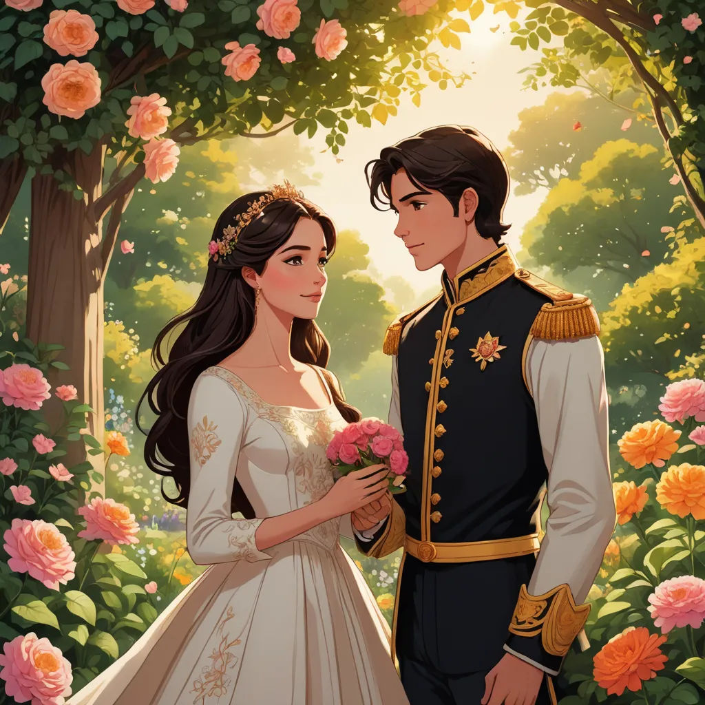 a man and woman dressed in wedding attire standing in a garden with roses and roses around them, and a man in a military uniform holding a bouquet, sots art, a storybook illustration, Colin Middleton, rossdraws global illumination
