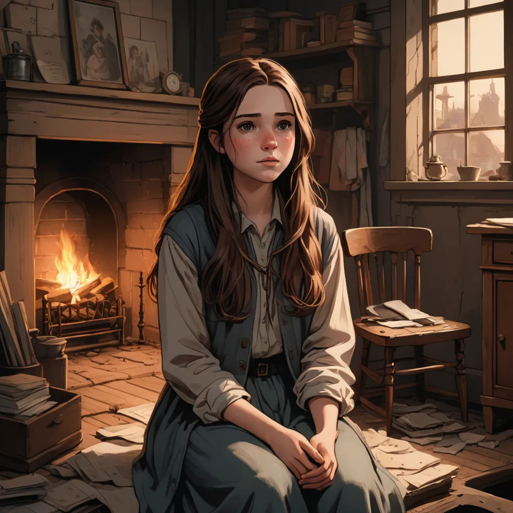 a woman sitting on a floor in front of a fire place in a room with a fireplace and a chair, fantasy art, a storybook illustration, Alejandro Burdisio, cushart krenz