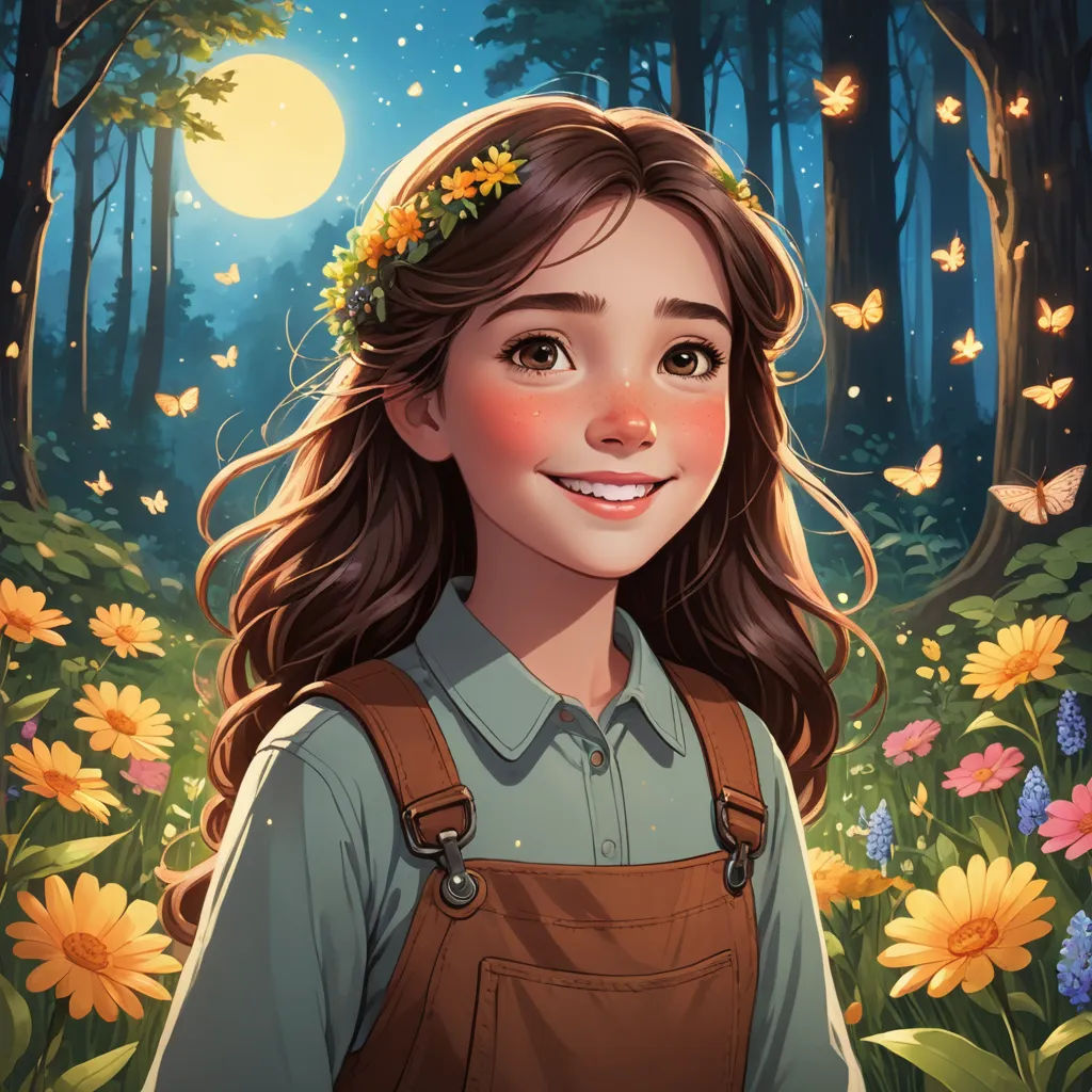 a girl with a flower in her hair and a forest background with butterflies and flowers in her hair, and a full moon in the sky, fantasy art, a character portrait, Clarice Beckett, trending on art station