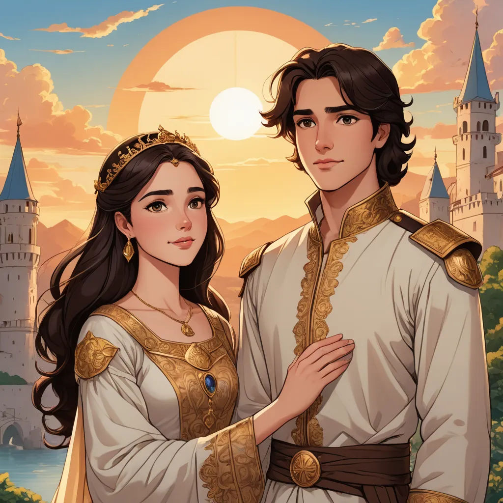 a man and a woman standing next to each other in front of a castle with a sunset behind them, fantasy art, a storybook illustration, Altoon Sultan, rossdraws global illumination