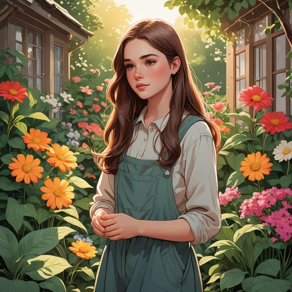 a painting of a girl in a garden with flowers and a house in the background with a sunbeam, fantasy art, a detailed painting, Chen Lin, rossdraws global illumination