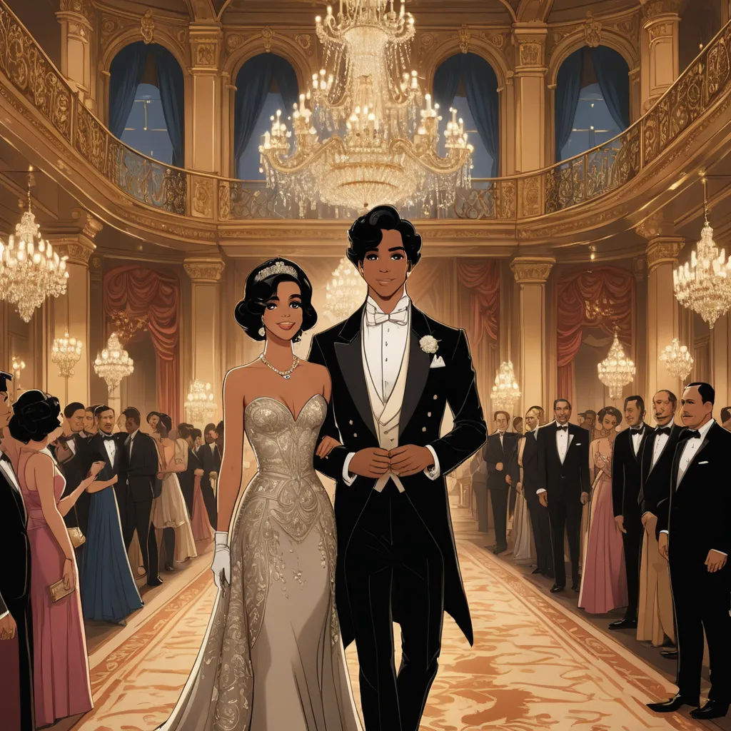 a man and a woman in formal wear standing in a ballroom with chandeliers and chandeliers, harlem renaissance, a comic book panel, Edwin Georgi, graphic novel