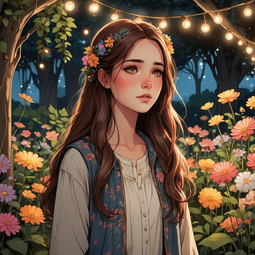 a girl with long hair standing in a field of flowers with lights strung overhead and a tree in the background, fantasy art, a storybook illustration, Clarice Beckett, trending on art station