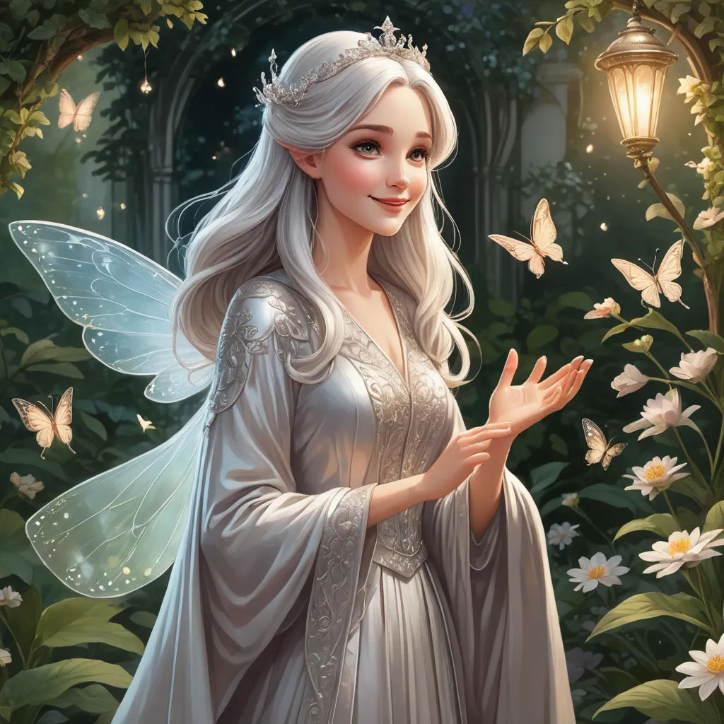 a beautiful fairy with a white dress and a lantern in her hand in a garden with flowers and butterflies, fantasy art, a storybook illustration, Charlie Bowater, rossdraws global illumination