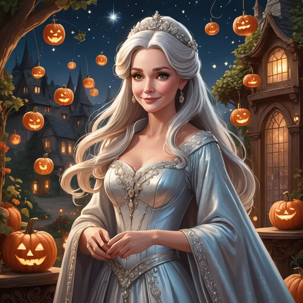 a beautiful lady dressed in a blue gown and tiara standing in front of a castle with pumpkins, fantasy art, a detailed painting, Anne Stokes, kinkade