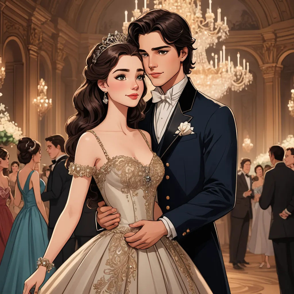 a man and woman in formal dress standing next to each other in a ballroom with chandeliers and chandeliers, sots art, a storybook illustration, Elizabeth Forbes, official art