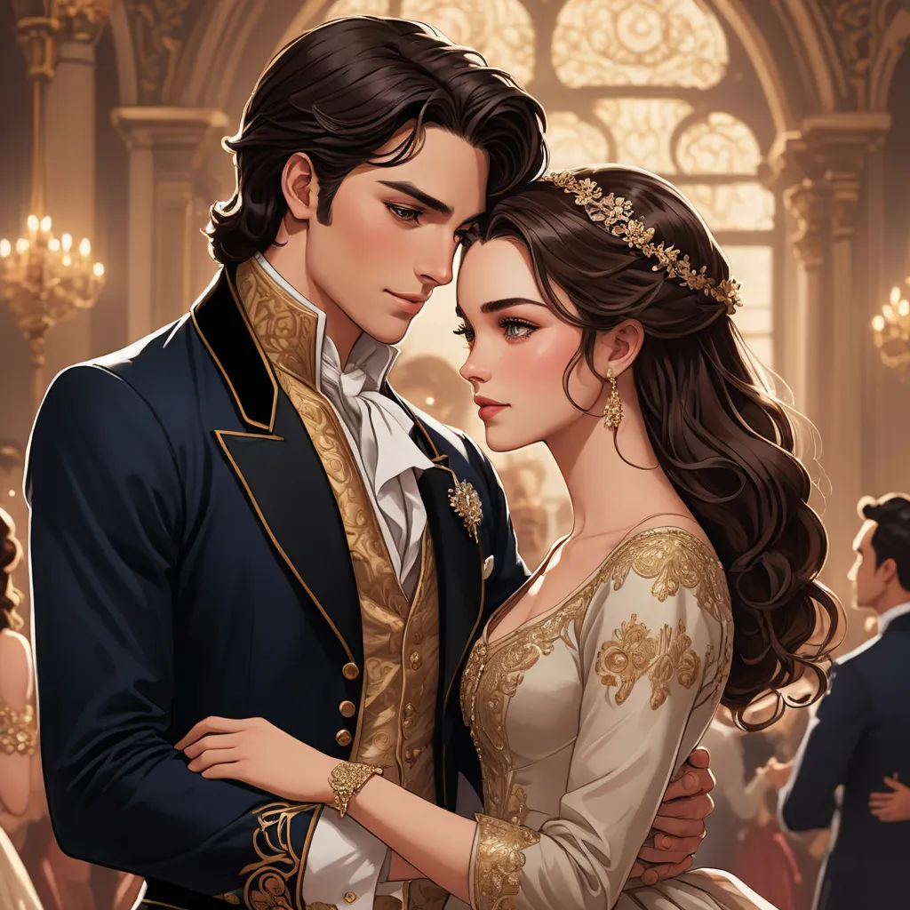 a man and a woman in formal dress are embracing in a ballroom, with chandeliers in the background, fantasy art, a detailed painting, Charlie Bowater, rossdraws global illumination