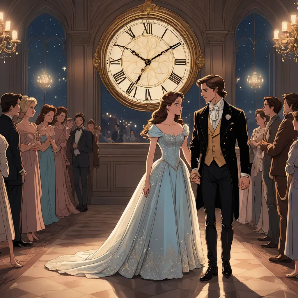 a man and woman standing in front of a clock in a room full of people, all dressed in formal wear, neo-romanticism, a storybook illustration, Charlie Bowater, official art
