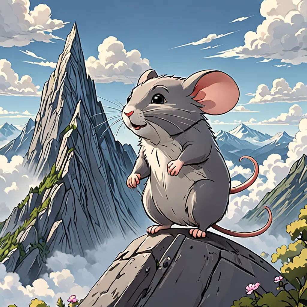 a mouse sitting on top of a rock in the mountains with a mountain range in the background and clouds in the sky, furry art, a storybook illustration, Cliff Childs, official art