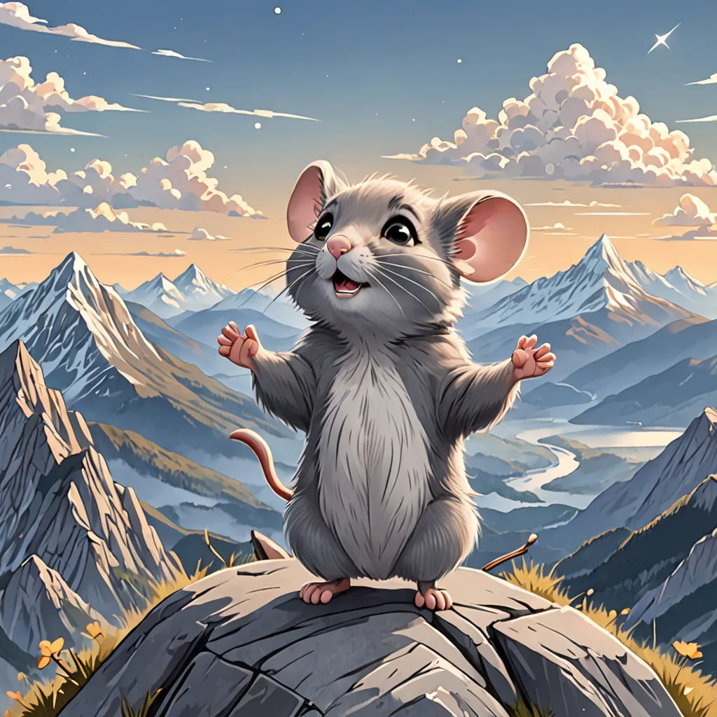 a cartoon mouse standing on a rock in the mountains with mountains in the background and a sky with clouds, sots art, a storybook illustration, Chris LaBrooy, official art