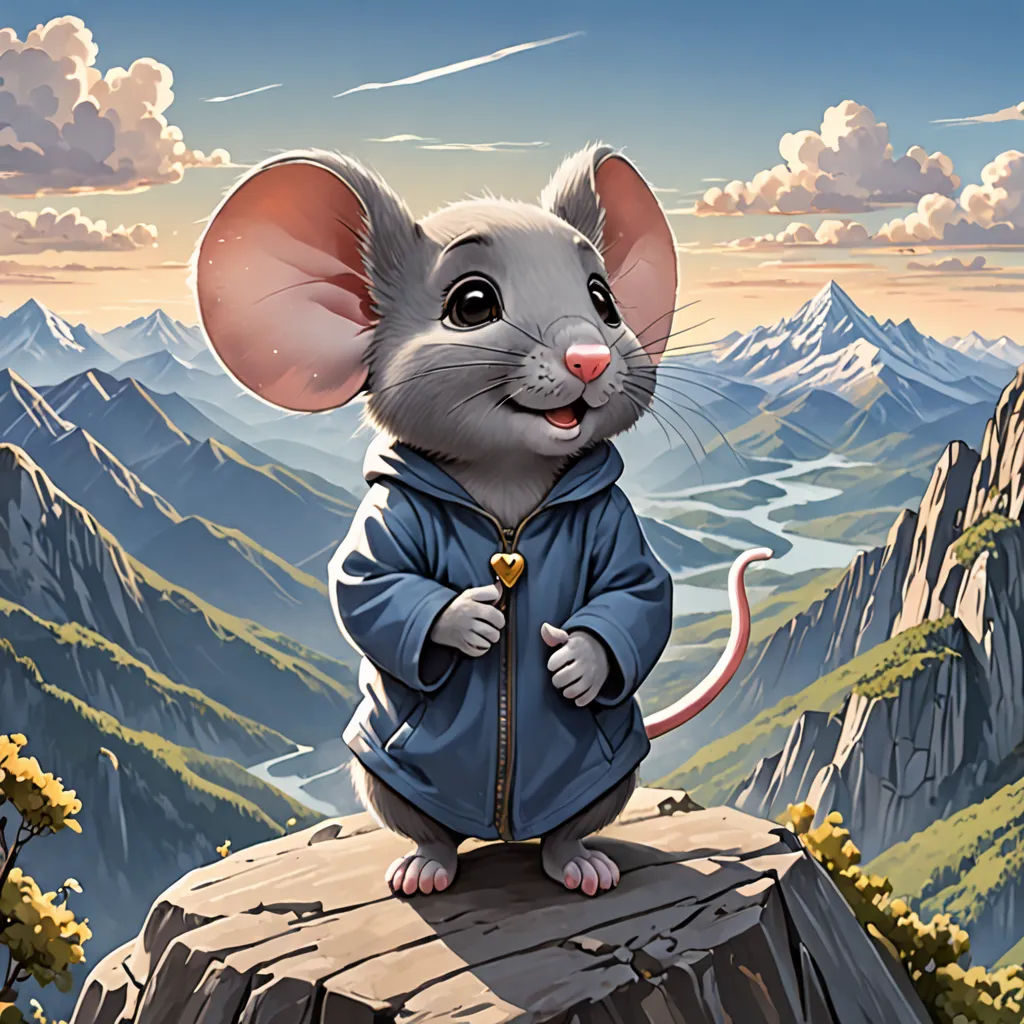 a mouse is standing on a rock in the mountains with a mountain view in the background and clouds in the sky, fantasy art, a storybook illustration, Chris LaBrooy, kinkade